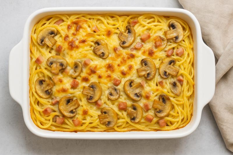 Recept na zapečené špagety se šunkou a žampiony: Jednoduché, chutné a levné