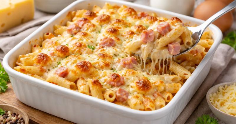Zapečené těstoviny se šunkou a sýrem: Nejrychlejší oběd z jednoho pekáče
