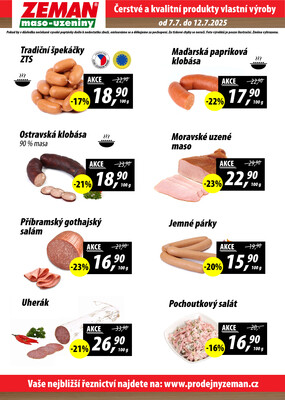 ZEMAN maso-uzeniny akční leták pro vybrané prodejny první skupiny od 7.7. do 12.7.2025