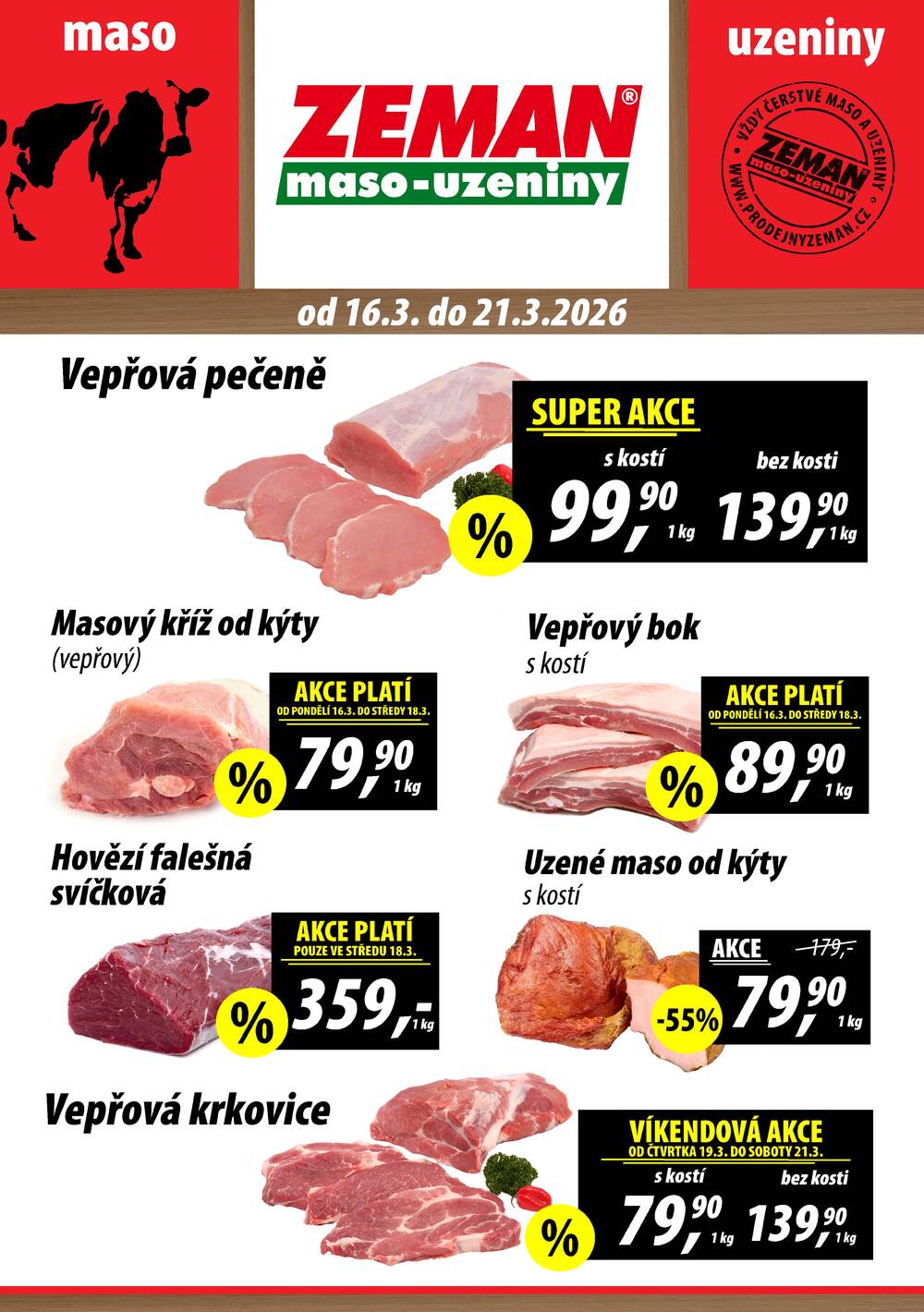 Leták ZEMAN maso-uzeniny - ZEMAN maso-uzeniny akční leták pro vybrané prodejny druhé skupiny od 16.3. do 21.3.2026 - strana 1