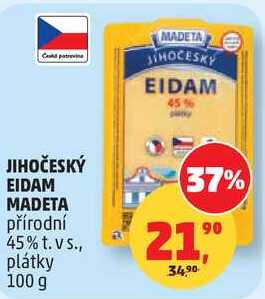 JIHOČESKÝ EIDAM MADETA přírodní 45% t.vs., plátky, 100 g