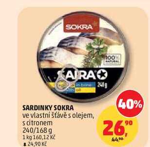 SARDINKY SOKRA ve vlastní šťávě s olejem, 240/168 g