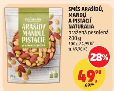 SMĚS ARAŠÍDŮ, MANDLÍ A PISTÁCIÍ NATURALIA pražená nesolená, 200 g