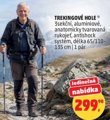TREKINGOVÉ HOLE, 3sekční, aluminiové, anatomicky tvarovaná rukojeť, antishock systém, délka 65/110- 135 cm, 1 pár 