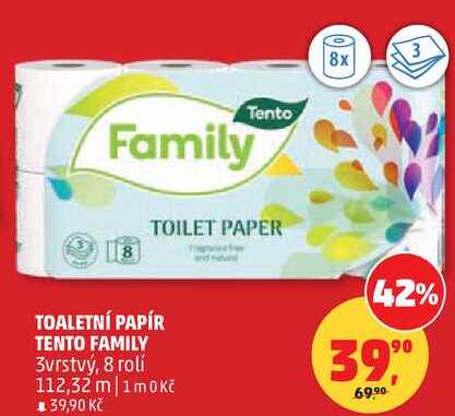 TOALETNÍ PAPÍR TENTO FAMILY 3vrstvý, 8 rolí