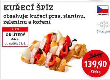 KUŘECÍ ŠPÍZ obsahuje: kuřecí prsa, slaninu, zeleninu a koření 1kg 