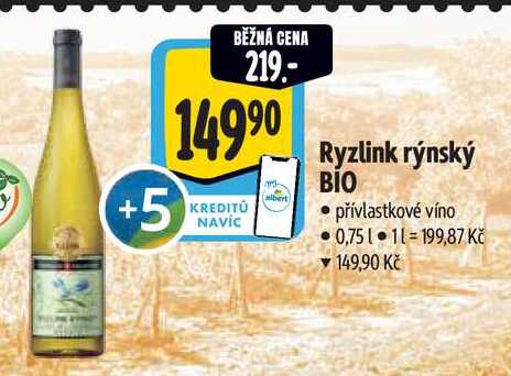 Ryzlink rýnský BIO, 0,75 l