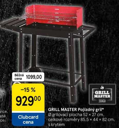 GRILL MASTER Pojízdný gril, grilovací plocha 52 × 27 cm. celkové rozměry 85.5 x 44 x 82 cm. skrytem