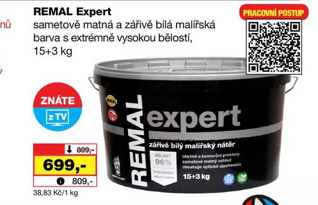 REMAL Expert sametově matná a zářivě bílá malířská barva s extrémně vysokou bělostí, 15+3 kg