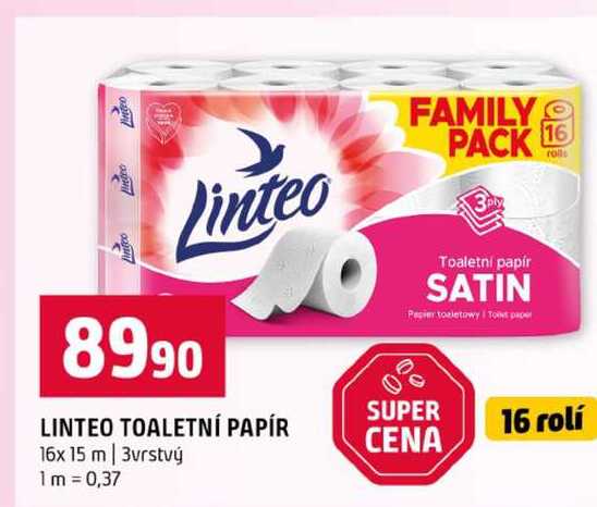 LINTEO TOALETNÍ PAPÍR 16x 15 m 3vrstvý 