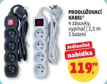 PRODLUŽOVACÍ KABEL 4 zásuvky, vypínač 1,5 m, 1 balení  
