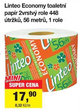 Linteo Economy toaletní papír 2vrstvý role 448 útržků, 56 metrů, 1 role