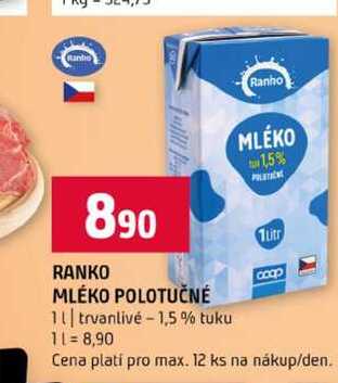 RANKO MLÉKO POLOTUČNÉ 1l trvanlivé 1,5 % tuku 