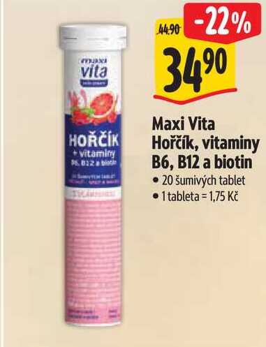 Maxi Vita Hořčík, vitaminy B6, B12 a biotin, 20 šumivých tablet  