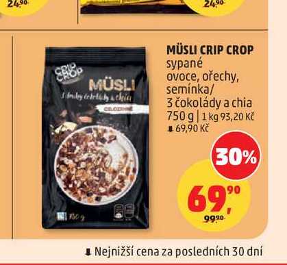 MÜSLI CRIP CROP sypané ovoce, ořechy, semínka 3 čokolády a chia 750 g