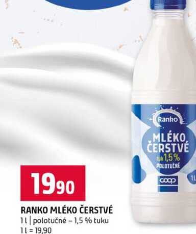 RANKO MLÉKO ČERSTVÉ 1l polotučné -1,5 % tuku 