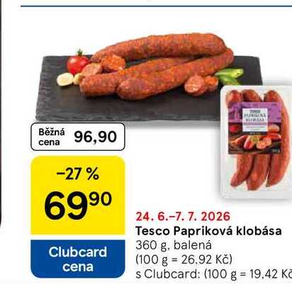 Tesco Papriková klobása, 360 g, balená  