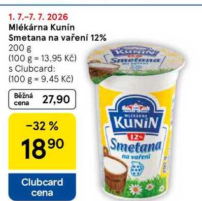 Mlékárna Kunín Smetana na vaření 12%, 200 g