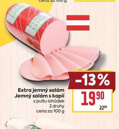 Extra jemný salám Jemný salám s kapií z pultu lahůdek cena za 100 g 
