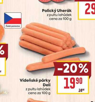 Vídeňské párky Deli z pultu lahůdek cena za 100 g 
