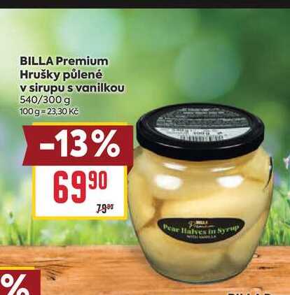 BILLA Premium Hrušky půlené v sirupu s vanilkou 540/300 g 