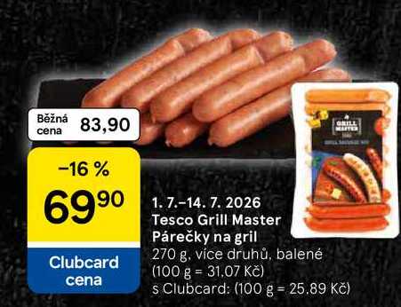 Tesco Grill Master Párečky na gril, 270 g, více druhů, balené