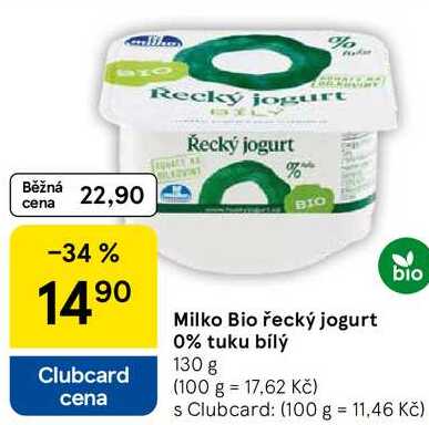 Milko Bio řecký jogurt 0% tuku bílý, 130 g