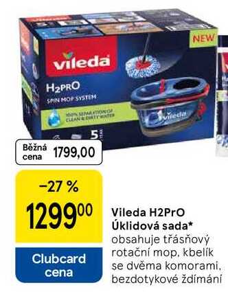 Vileda H2Pro Úklidová sada, obsahuje třásňový rotační mop, kbelík se dvěma komorami, bezdotykové ždímání