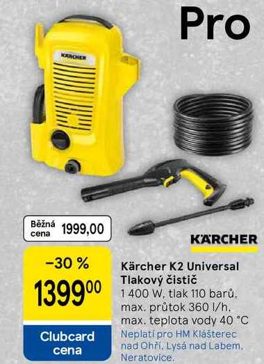 Kärcher K2 Universal Tlakový čistič 1400 W, tlak 110 barů. max. průtok 360 l/h. max. teplota vody 40 °C 