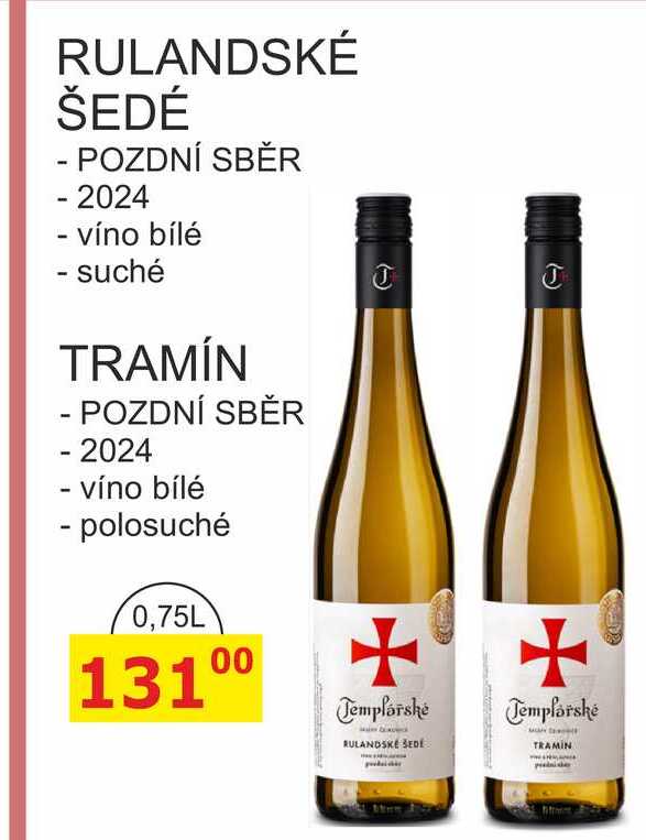 Templářské sklepy 0,75l RULANDSKÉ ŠEDÉ - POZDNÍ SBĚR - 2024 - víno bílé suché