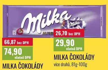 MILKA ČOKOLÁDY, více druhů, 81g-100g