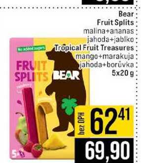 Bear Fruit Splits malina+ananas added sugars Nekolte und Tropical Fruit Treasures jahoda+jablko mango+marakuja jahoda+borůvka 5x20 g