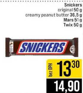 Snickers original 50 g creamy peanut butter 36,5 g Mars 51 g Twix 50 g
