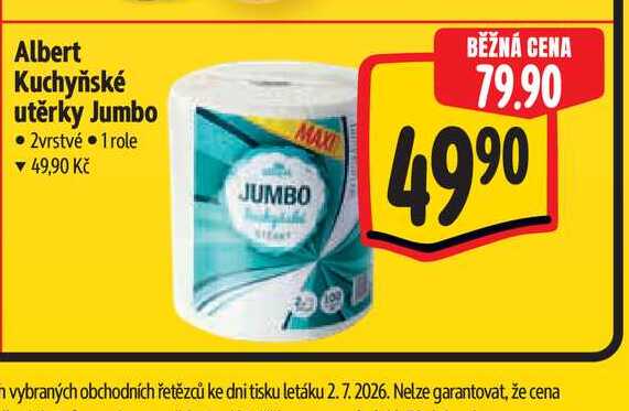 Albert Kuchyňské utěrky Jumbo 2vrstvé 1 role