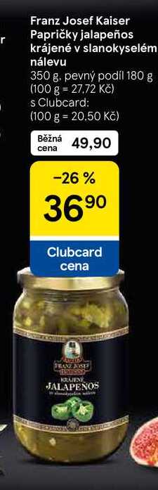Franz Josef Kaiser Papričky jalapeños krájené v slanokyselém nálevu, 350 g. pevný podíl 180 g