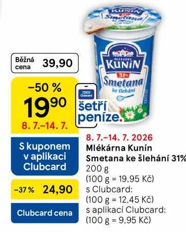 Mlékárna Kunín Smetana ke šlehání 31%, 200 g