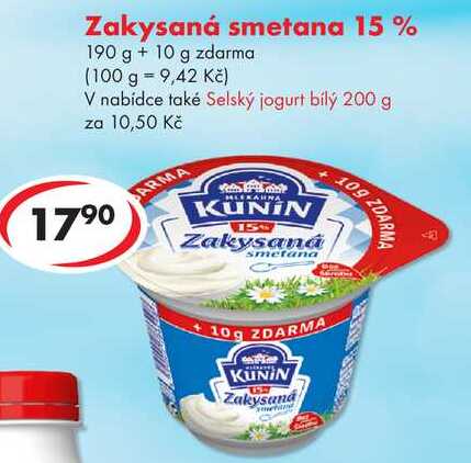 Zakysaná smetana 15 %, 190 g + 10 g zdarma