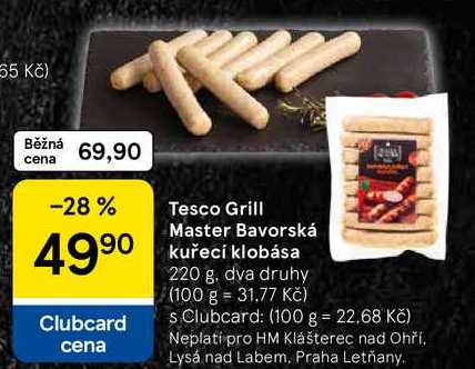 Tesco Grill Master Bavorská kuřecí klobása, 220 g, dva druhy