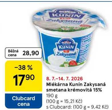 Mlékárna Kunín Zakysaná smetana krémovitá 15%, 190 g