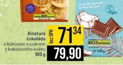 Alnatural čokoláda s kokosem a cukrem z kokosového květu 100g 
