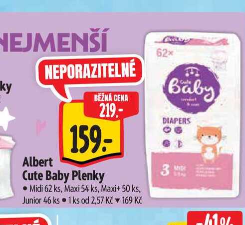 Albert Cute Baby Plenky Midi 62 ks, Maxi 54 ks, Maxi+ 50 ks, Junior 46 ks