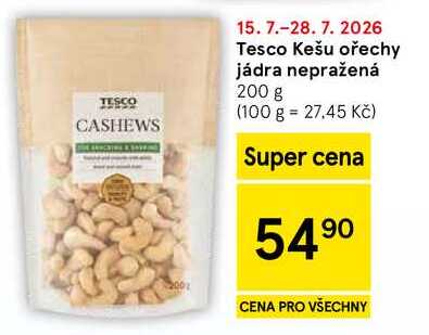 Tesco Kešu ořechy jádra nepražená, 200 g