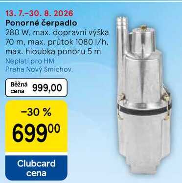 Ponorné čerpadlo, 280 W, max. dopravní výška 70 m. max. průtok 1080 1/h. max. hloubka ponoru 5 m