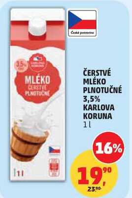 ČERSTVÉ MLÉKO PLNOTUČNÉ 3,5% KARLOVA KORUNA, 1 l