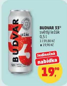 BUDVAR 33 světlý ležák, 0,5 l