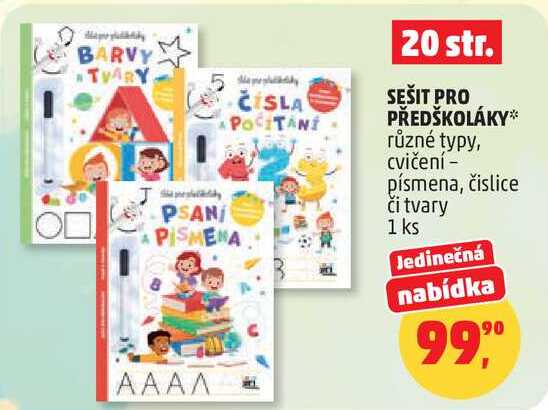 SEŠIT PRO PŘEDŠKOLÁKY různé typy, cvičení - písmena, číslice či tvary, 1 ks