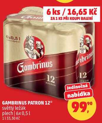 GAMBRINUS PATRON 12 světlý ležák plech, 6x0,5 l