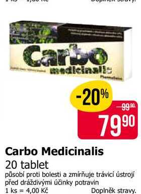 Carbo Medicinalis 20 tablet působí proti bolesti a zmírňuje trávicí ústrojí před dráždivými účinky potravin
