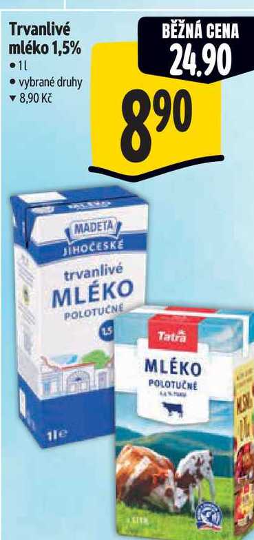 Trvanlivé mléko 1,5% 1 l