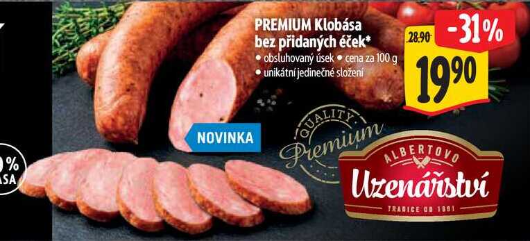 PREMIUM Klobása bez přidaných éček, cena za 100 g